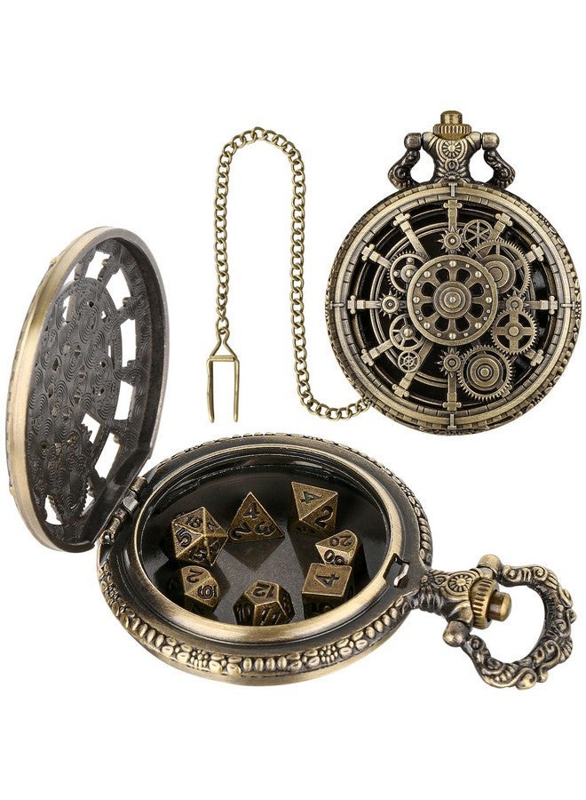 Keller & Weber Mini DND Dice Set with Steampunk Hollow Gear Pocket Watch Shell Case, 7pcs Polyhedral Metal D&D Dice, DND Gifts with Gift Box for DND Fans, Role Playing Board Games Accessories - Image 3