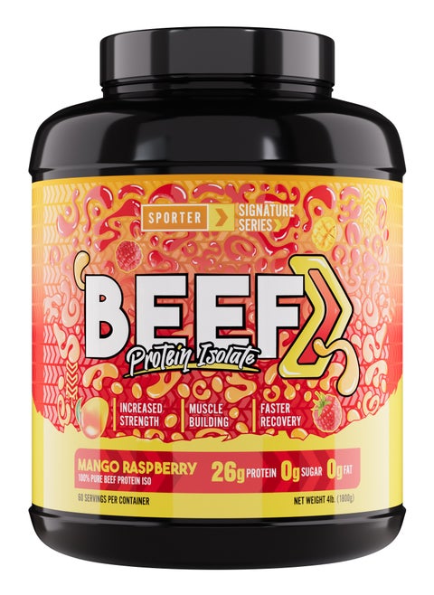 Sporter Beef Protein Isolate – 60 Servings | 26.4g Protein Per Scoop | Zero Carbs, Fat & Sugar | Mango Raspberry Flavor | Lactose-Free & Gut-Friendly | Clean Recovery & Muscle Support