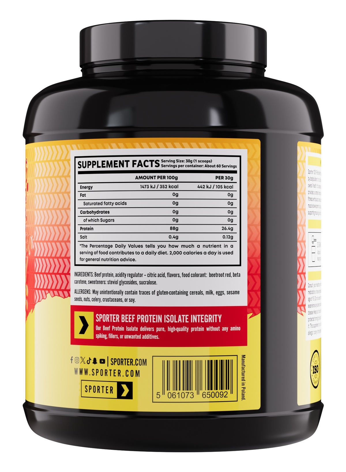 Sporter Beef Protein Isolate – 60 Servings | 26.4G Protein Per Scoop | Zero Carbs, Fat & Sugar | Mango Raspberry Flavor | Lactose-Free & Gut-Friendly | Clean Recovery & Muscle Support