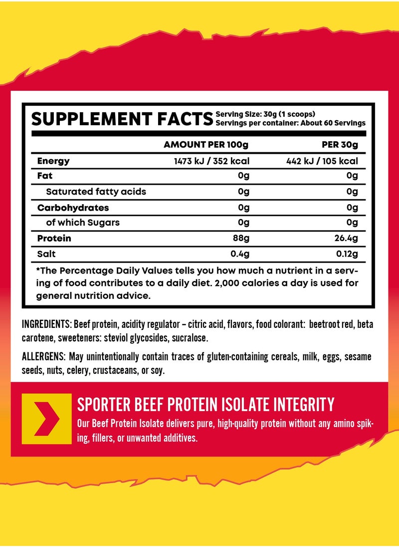SPORTER - Sporter Beef Protein Isolate – 60 Servings | 26.4g Protein Per Scoop | Zero Carbs, Fat & Sugar | Mango Raspberry Flavor | Lactose-Free & Gut-Friendly | Clean Recovery & Muscle Support - Image 1