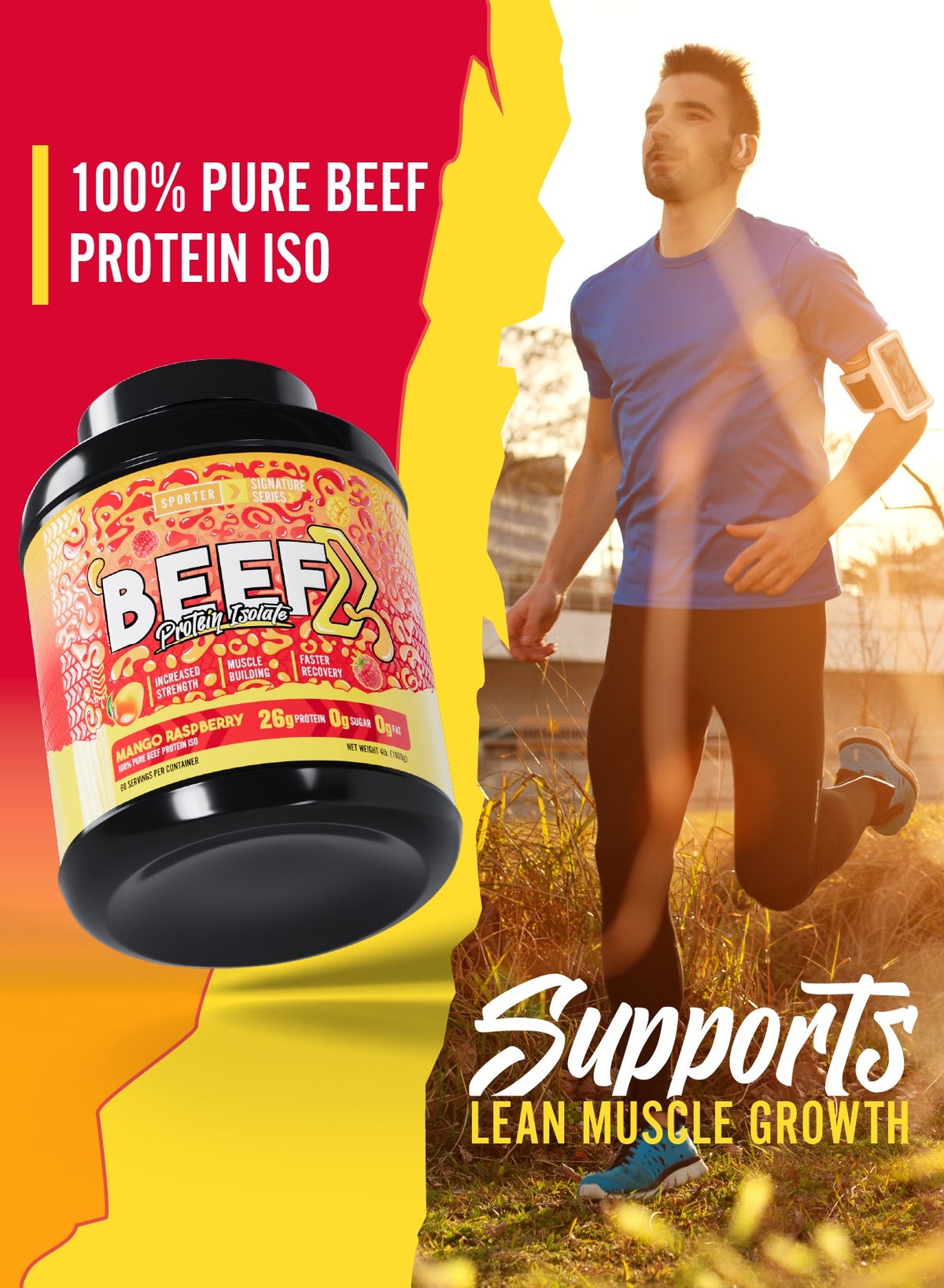 Sporter Beef Protein Isolate – 60 Servings | 26.4G Protein Per Scoop | Zero Carbs, Fat & Sugar | Mango Raspberry Flavor | Lactose-Free & Gut-Friendly | Clean Recovery & Muscle Support
