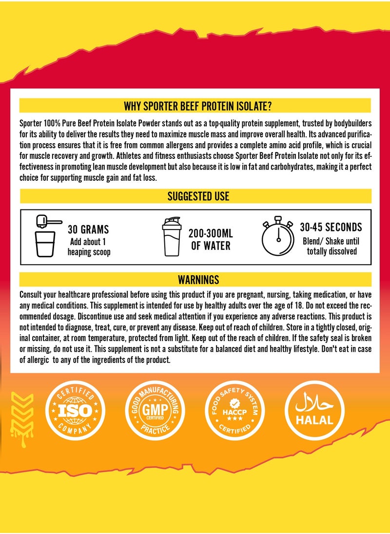 SPORTER - Sporter Beef Protein Isolate – 60 Servings | 26.4g Protein Per Scoop | Zero Carbs, Fat & Sugar | Mango Raspberry Flavor | Lactose-Free & Gut-Friendly | Clean Recovery & Muscle Support - Image 1