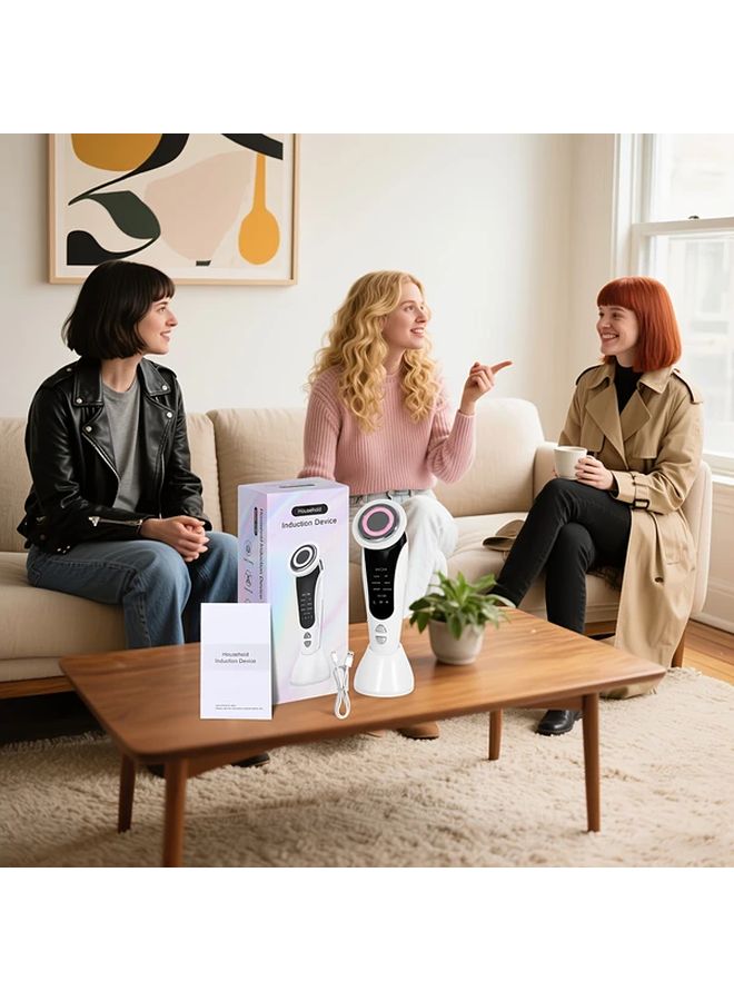 أبيض 7 في 1 مدلك وجه كهربائي متعدد الوظائف شاحن عبر USB جهاز عناية بالبشرة بإضاءة LED - Image 3