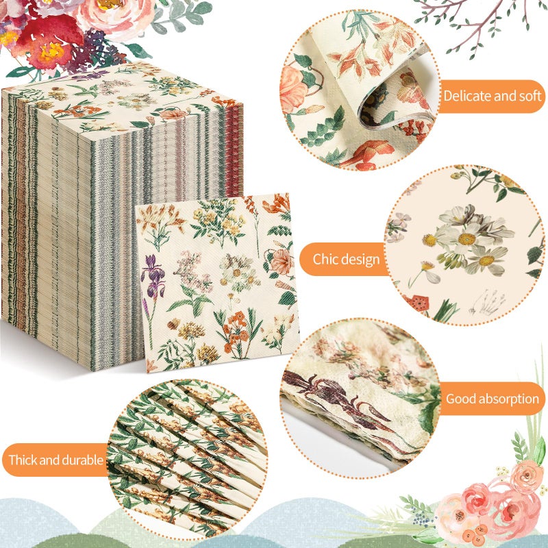 Tatuo Tatuo Floral Paper Napkins Watercolor Floral Guest Napkins Vintage Wild Flower Disposable Hand Towels Flower Decorative Paper Guest for Bathroom Wedding Birthday Party (100 Pieces  6.5 x 6.5 Inch)  - Image 2