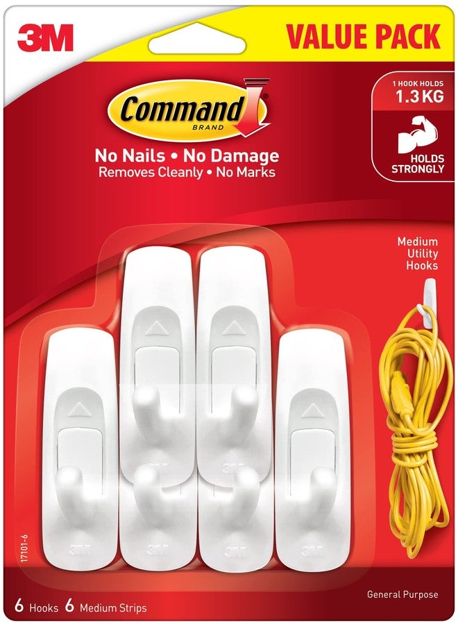 Command 3M Medium wall Hooks, Holds 1.3kg, No Paint Damage, Heavy Duty, Holds Strongly, Reusable, Adhesive Hooks for wall, Multi-Surface (White, 6 Hooks, 6 Strips) - Image 1