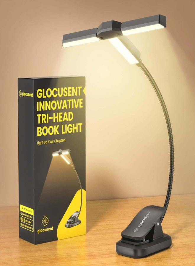 Glocusent Innovative Tri-Head Book Light for Reading in Bed, 3 Colors & 5 Brightness Levels, 1000mAh Rechargeable Reading Light with 30-Min Timer, 10-100Hrs, Partner Friendly, Perfect for Book Lovers - Image 1