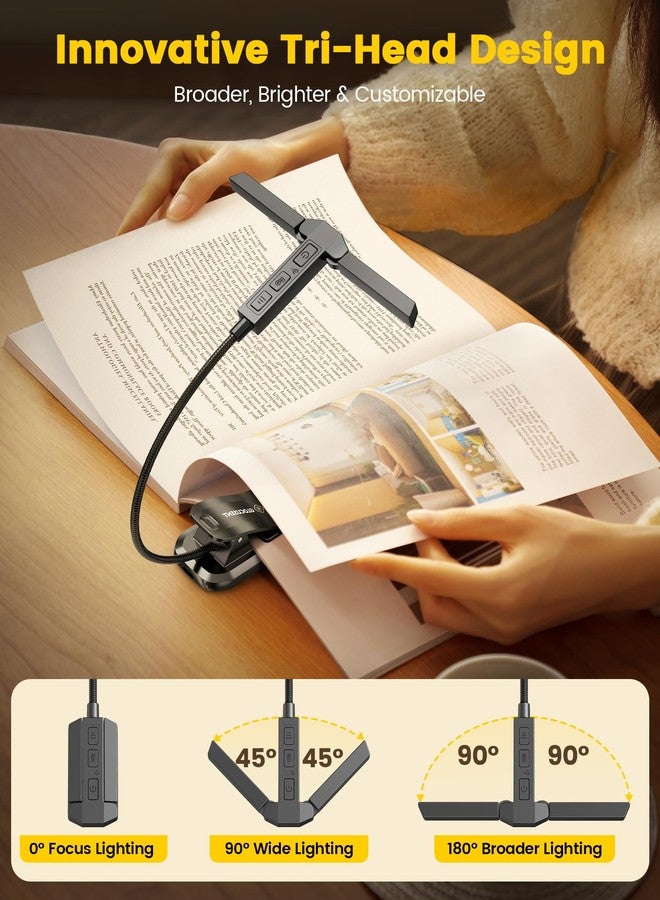Glocusent Innovative Tri-Head Book Light for Reading in Bed, 3 Colors & 5 Brightness Levels, 1000mAh Rechargeable Reading Light with 30-Min Timer, 10-100Hrs, Partner Friendly, Perfect for Book Lovers - Image 2