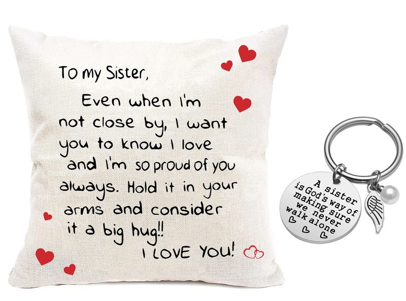 Anrkets Anrkets Sisters Gift from Sister  Two Sided Printing Sisters Pillow Cover 18""x 18"" + Sister Keychain  Reminder Gift for Lady Girls  Sister Gifts  Even When I'm Not Close by I Want You to Know I Love  - Image 1