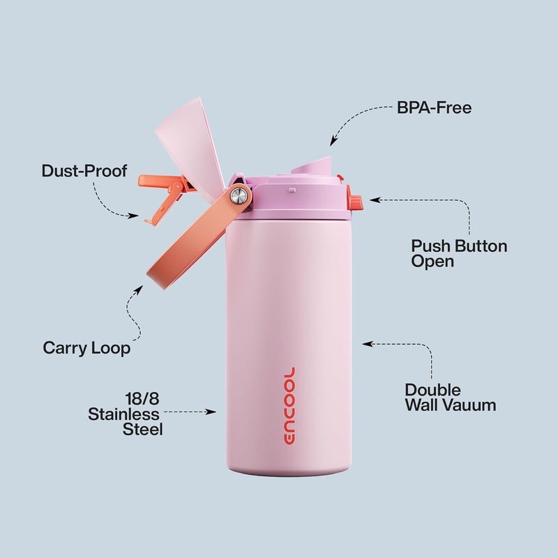 ENCOOL Insulated Water Bottle with Straw - Stainless Steel Water Bottle with Push Button Lid, Leak-Proof & BPA-Free, Keeps Cold for 24 Hours for Sports, Travel, Gym (18 oz, Lily-Red) - Image 3