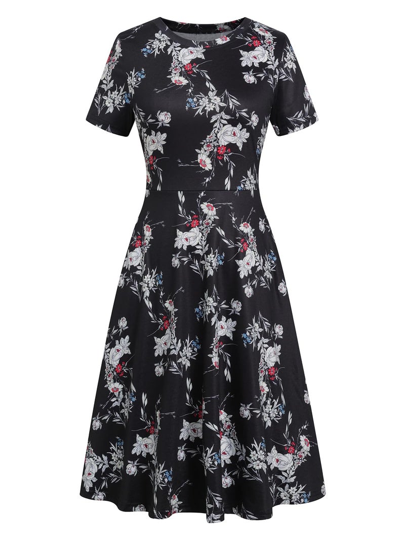 HELYO Knee Length Dress for Women Petite Fall Vintage Floral Clothes Work Casual Wedding Guest Party Flower Print Dresses 162 Black White S - Image 2