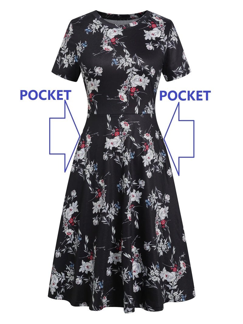 HELYO Knee Length Dress for Women Petite Fall Vintage Floral Clothes Work Casual Wedding Guest Party Flower Print Dresses 162 Black White S - Image 5