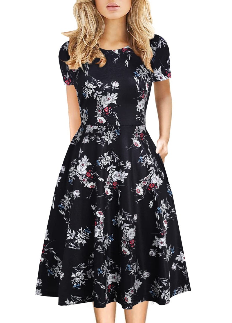 HELYO Knee Length Dress for Women Petite Fall Vintage Floral Clothes Work Casual Wedding Guest Party Flower Print Dresses 162 Black White S - Image 1