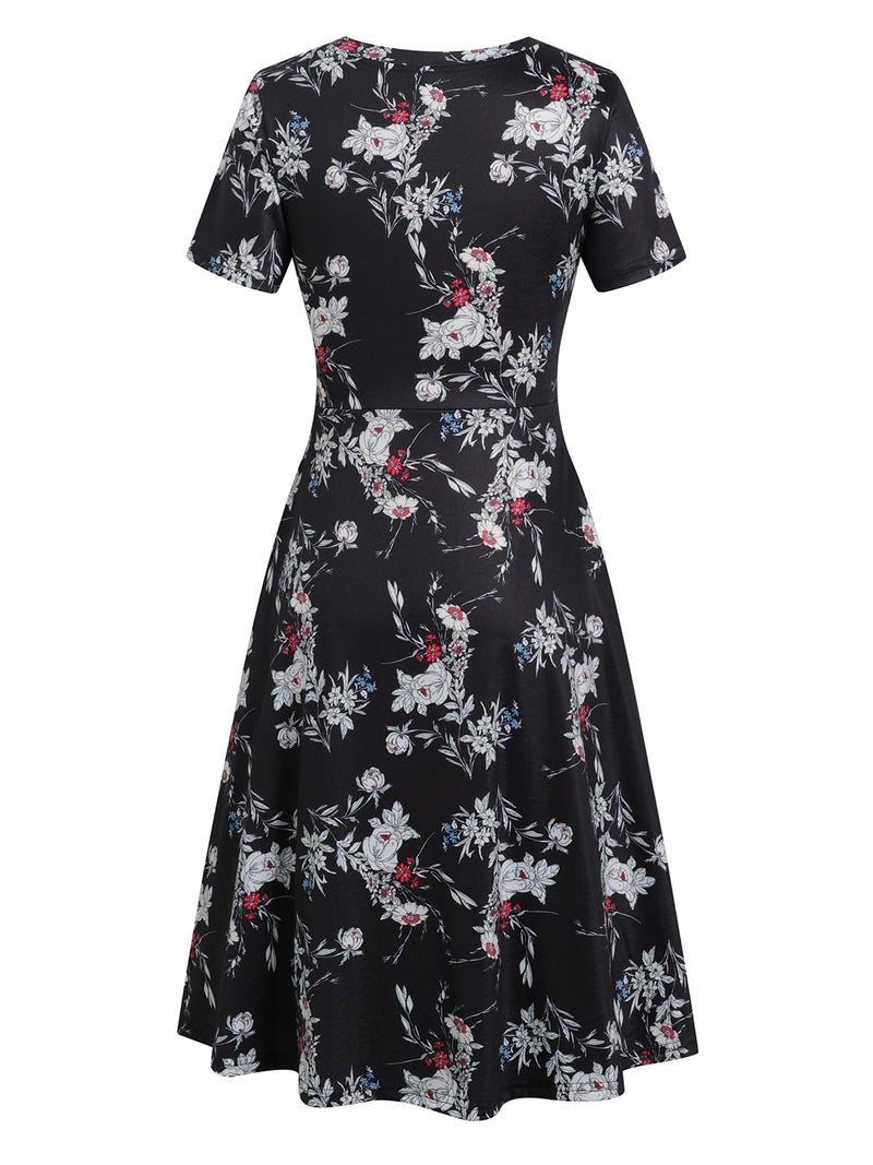 HELYO Knee Length Dress for Women Petite Fall Vintage Floral Clothes Work Casual Wedding Guest Party Flower Print Dresses 162 Black White S - Image 3