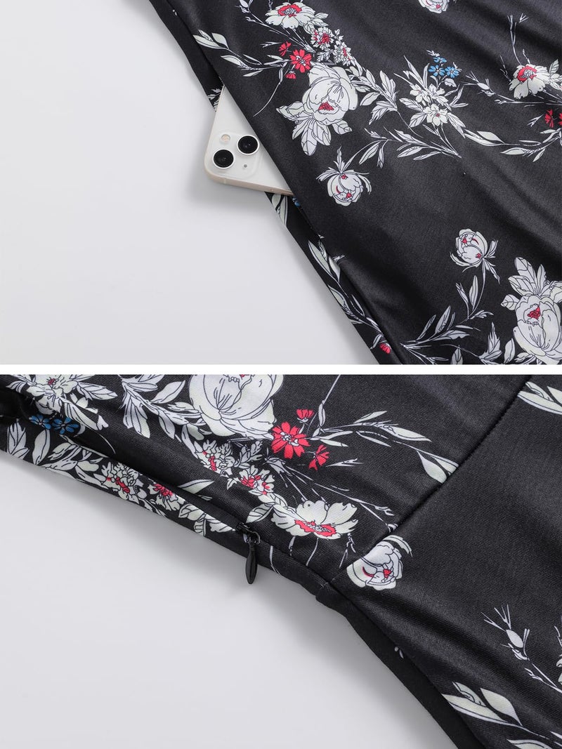 HELYO Knee Length Dress for Women Petite Fall Vintage Floral Clothes Work Casual Wedding Guest Party Flower Print Dresses 162 Black White S - Image 4