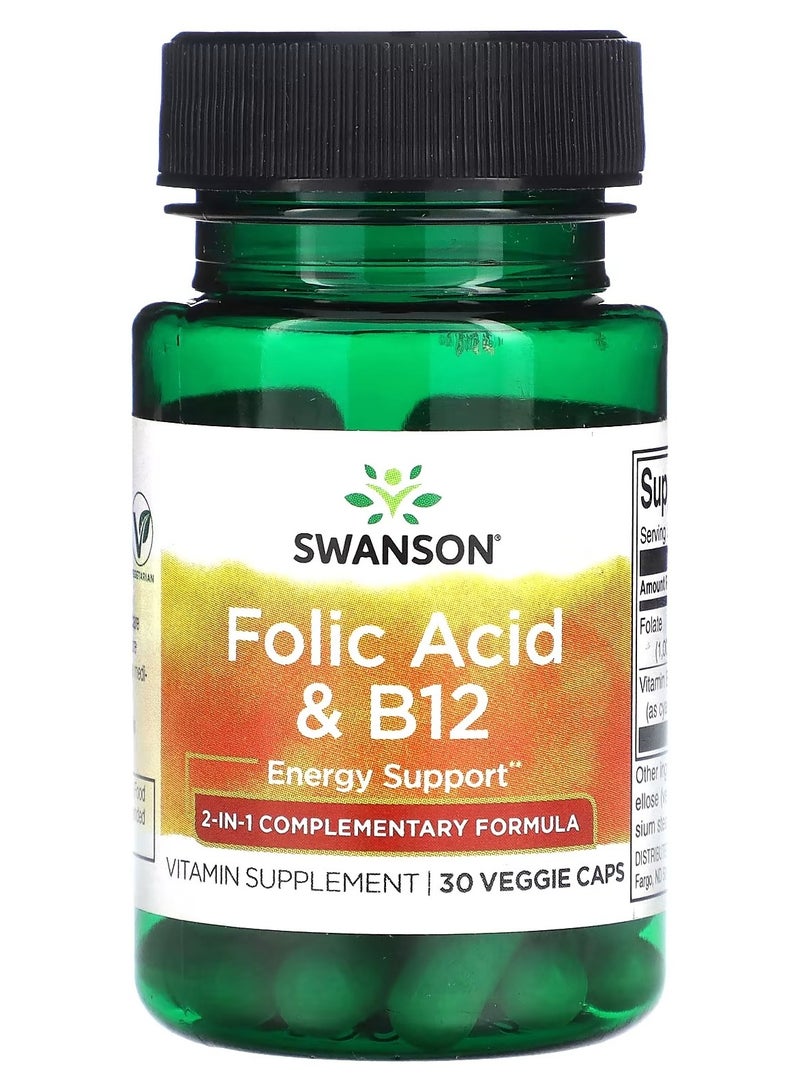 سوانسون Swanson, حمض الفوليك & B12، 30 كبسولة نباتية