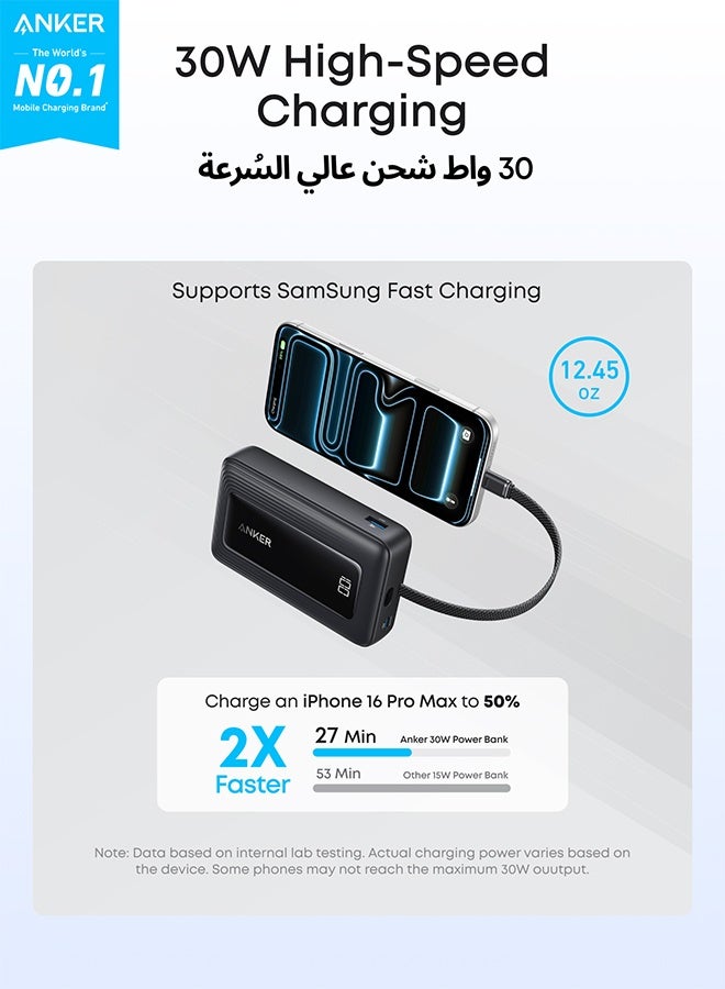 Anker 20000 mAh Zolo Power Bank, 20,000mAh 30W High-Speed Portable Charger with Built-In USB-C Cable, Battery Pack For iPhone 17/17 Air/17 Pro/17 Pro Max/16 Series, Galaxy, and More (Black, 20000 mAh) Black - Image 3