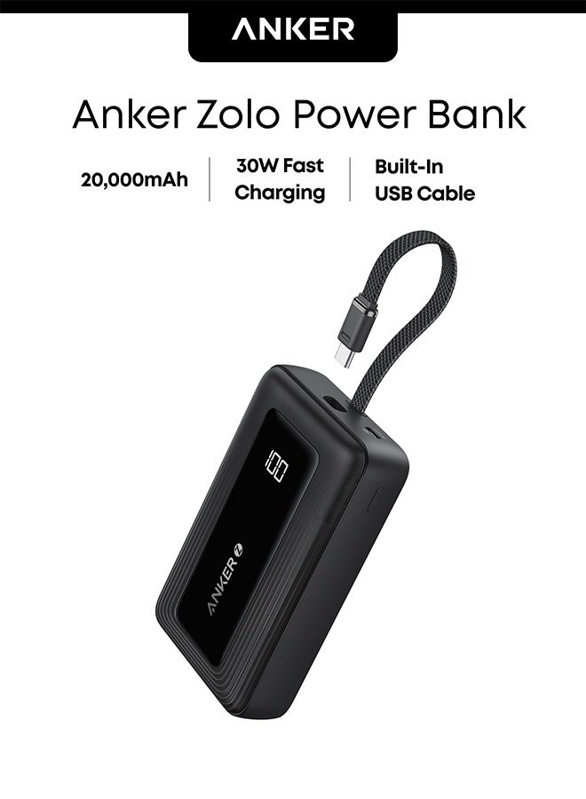 Anker 20000 mAh Zolo Power Bank, 20,000mAh 30W High-Speed Portable Charger with Built-In USB-C Cable, Battery Pack For iPhone 17/17 Air/17 Pro/17 Pro Max/16 Series, Galaxy, and More (Black, 20000 mAh) Black - Image 1