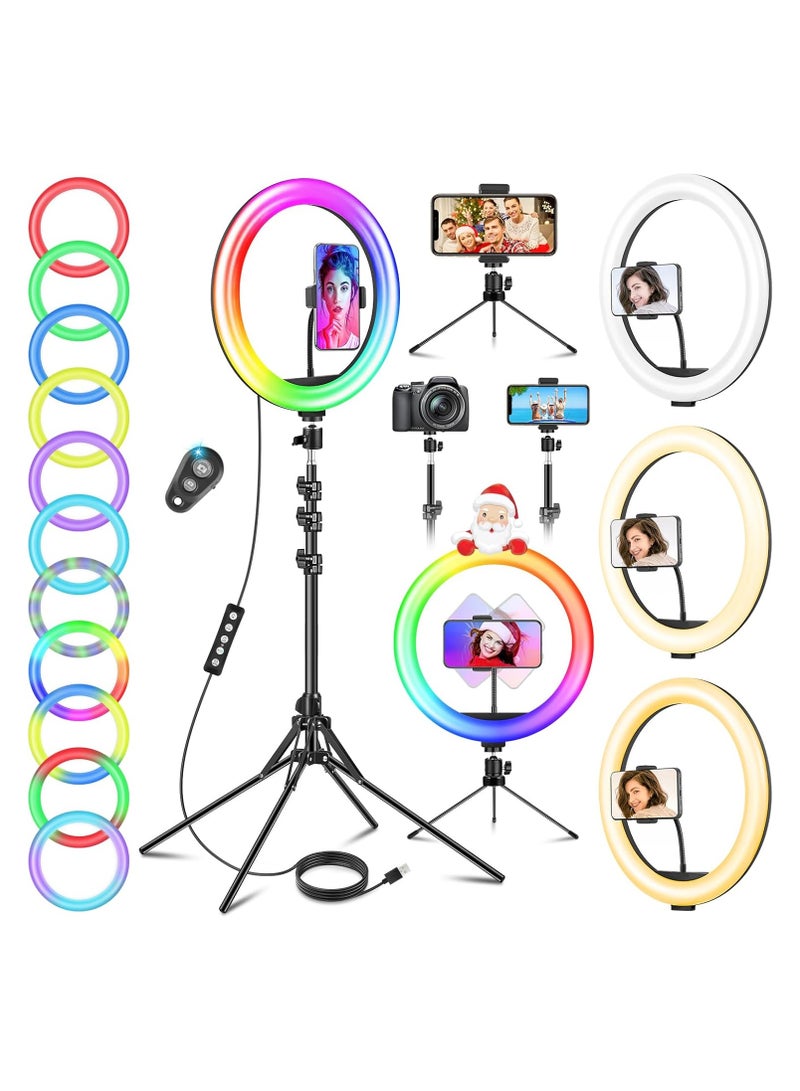 12'' LED Ring Light with Tripod Stand & Phone Holder, 177cm Tall, 40 RGB Modes & 13 Brightness Levels, USB Selfie Ring Light with Remote for Makeup, YouTube, TikTok