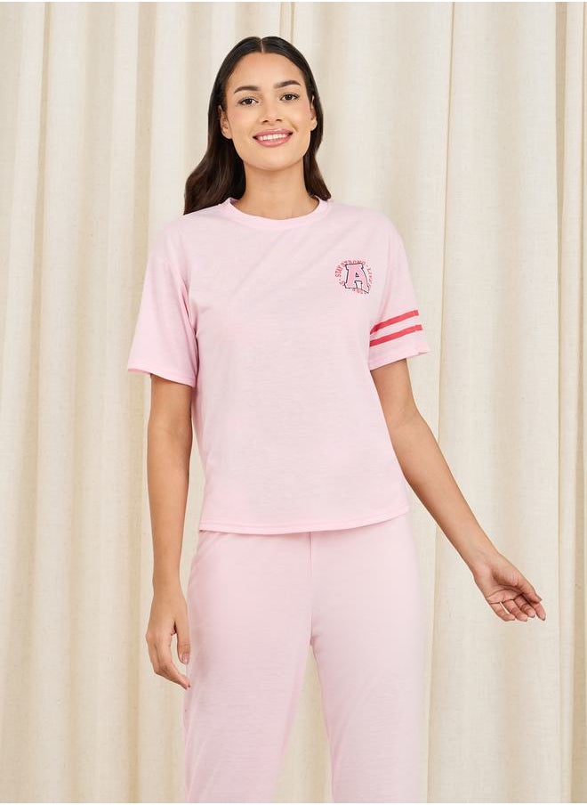 Styli - Slogan Print Striped Drop Shoulder Sleeves T-Shirt and Cuff Pyjama Set - Image 1