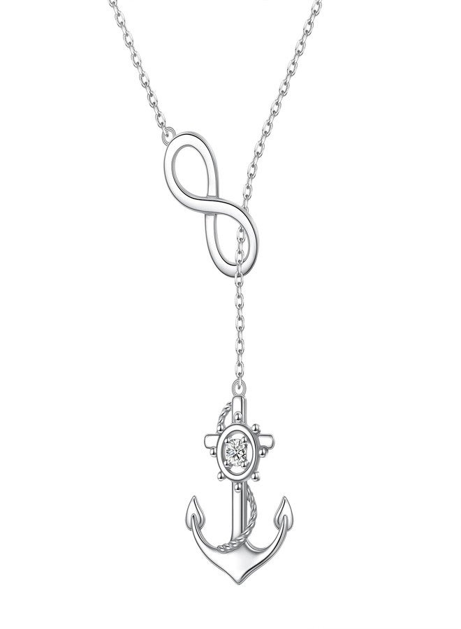 FLYOW Anchor Infinity Y Necklace for Women 925 Sterling Silver Adjustable Lariat Style Necklace Nautical Jewelry for Mother Daughter Sister Birthday Graduation Gifts - Image 1