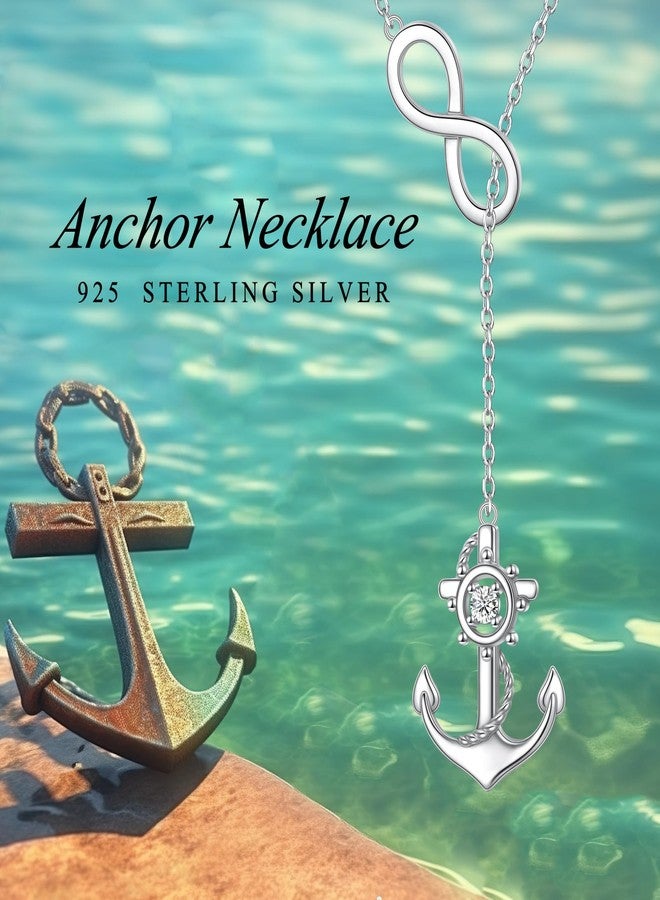 FLYOW Anchor Infinity Y Necklace for Women 925 Sterling Silver Adjustable Lariat Style Necklace Nautical Jewelry for Mother Daughter Sister Birthday Graduation Gifts - Image 2