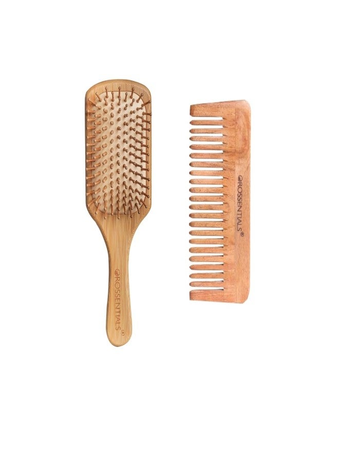 Orossentials Bamboo Wooden Hair Brush & Neem Comb Combo | Natural Hair Care Set for Women & Men Eco-Friendly Wooden Brush & Comb/Bamboo Hair Brush Promoted as a hair care set (brush + neem comb) - Image 1