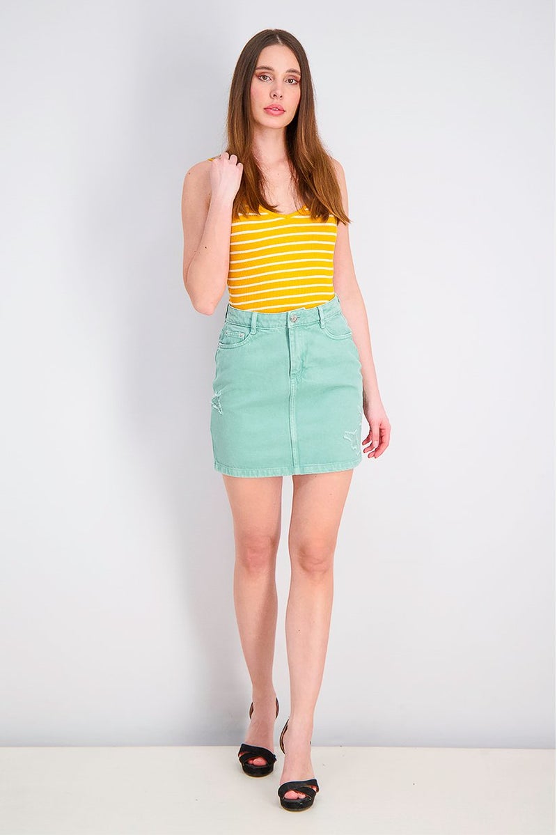 Reserved Women Ripped Denim Mini Skirt, Green - Image 4