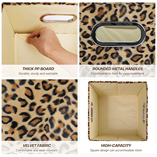 ANMINY 2PCS Storage Cubes Leopard Cheetah Print Velvet Fabric Storage Bins for Shelves, Collapsible Washable Closet Storage Baskets Boxes with Handles for Organizing and Storage -Brown, 11"x 11"x 11" - Image 3