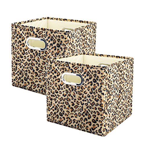 ANMINY 2PCS Storage Cubes Leopard Cheetah Print Velvet Fabric Storage Bins for Shelves, Collapsible Washable Closet Storage Baskets Boxes with Handles for Organizing and Storage -Brown, 11"x 11"x 11" - Image 1