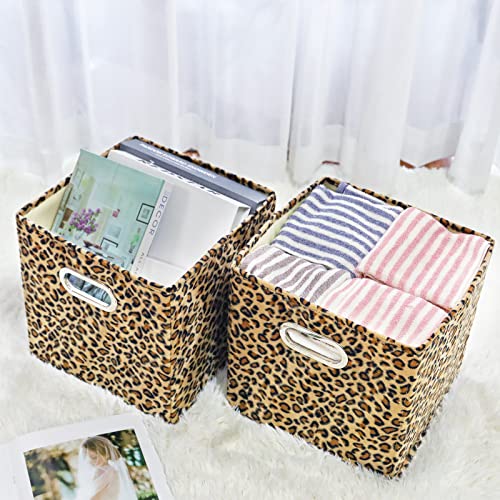 ANMINY 2PCS Storage Cubes Leopard Cheetah Print Velvet Fabric Storage Bins for Shelves, Collapsible Washable Closet Storage Baskets Boxes with Handles for Organizing and Storage -Brown, 11"x 11"x 11" - Image 5