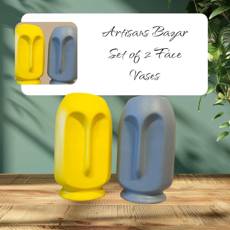 ARTISANS BAZAR Yellow Grey Face Vase Combo Set 9 Inch Rough TexturedDecorative Face Vase for Dried Flowers and Pampas GrassVases for Home Decor Living Room Office Decor Ideas - Image 2