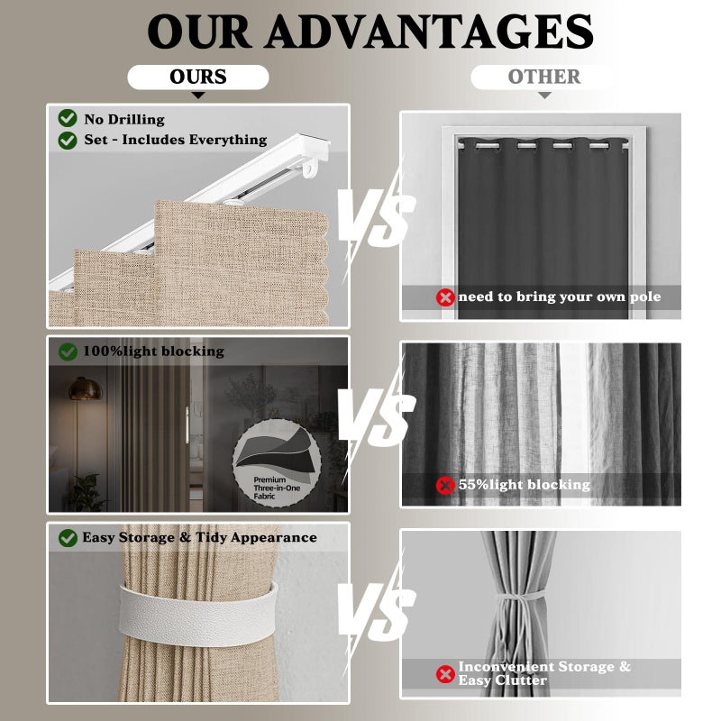 Jilron 100% Blackout Accordion Door Curtain, Adhesive Curtain Track Included for Easy Installation Without Drilling, Beige - 72" W x 78" L - Image 2