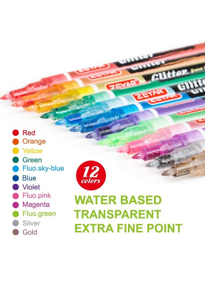 ZEYAR - Glitter Paint Pens Water Based Extra Fine Point Nylon Tip 12 Colors Great For Gift Card Poster Album Christmas Card And More. Nontoxic And Safe - Image 1