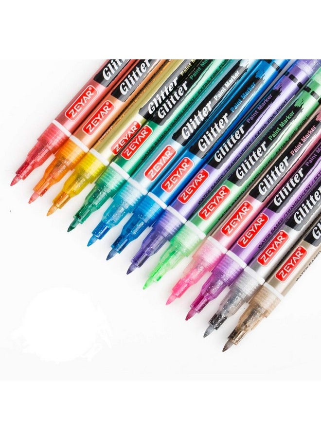 ZEYAR - Glitter Paint Pens Water Based Extra Fine Point Nylon Tip 12 Colors Great For Gift Card Poster Album Christmas Card And More. Nontoxic And Safe - Image 1