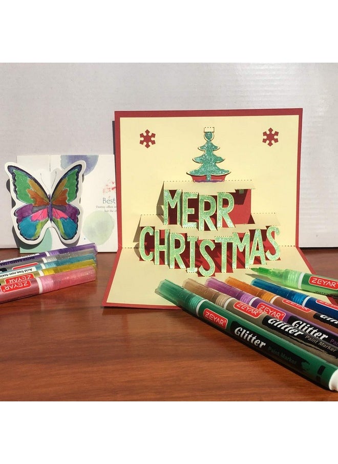 ZEYAR - Glitter Paint Pens Water Based Extra Fine Point Nylon Tip 12 Colors Great For Gift Card Poster Album Christmas Card And More. Nontoxic And Safe - Image 1