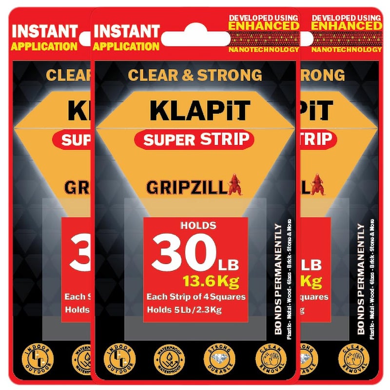KLAPiT Super Strip | Clear Double-Sided Mounting Tape Squares (1" x 1", 16pcs Holds 9Kg) | Heavy Duty Waterproof Adhesive | Multipurpose Mounting Pads for Wall, Tile, Glass, Metal | GRIPZILLA, 48 pcs - Image 1