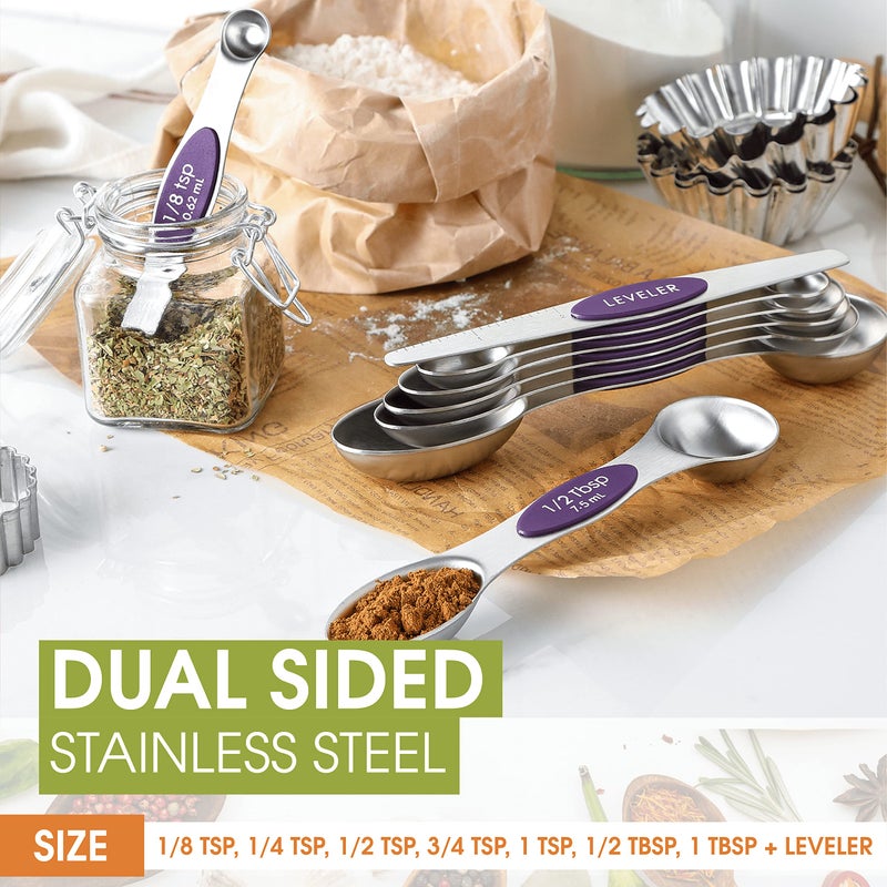 Spring Chef Purple Stainless Steel Magnetic Measuring Spoons Set of 8 with Leveler, Dual Sided Metal Teaspoon & Tablespoon Measuring Spoons, Kitchen Gadgets for Baking & Cooking, Fits in Spice Jars - Image 4
