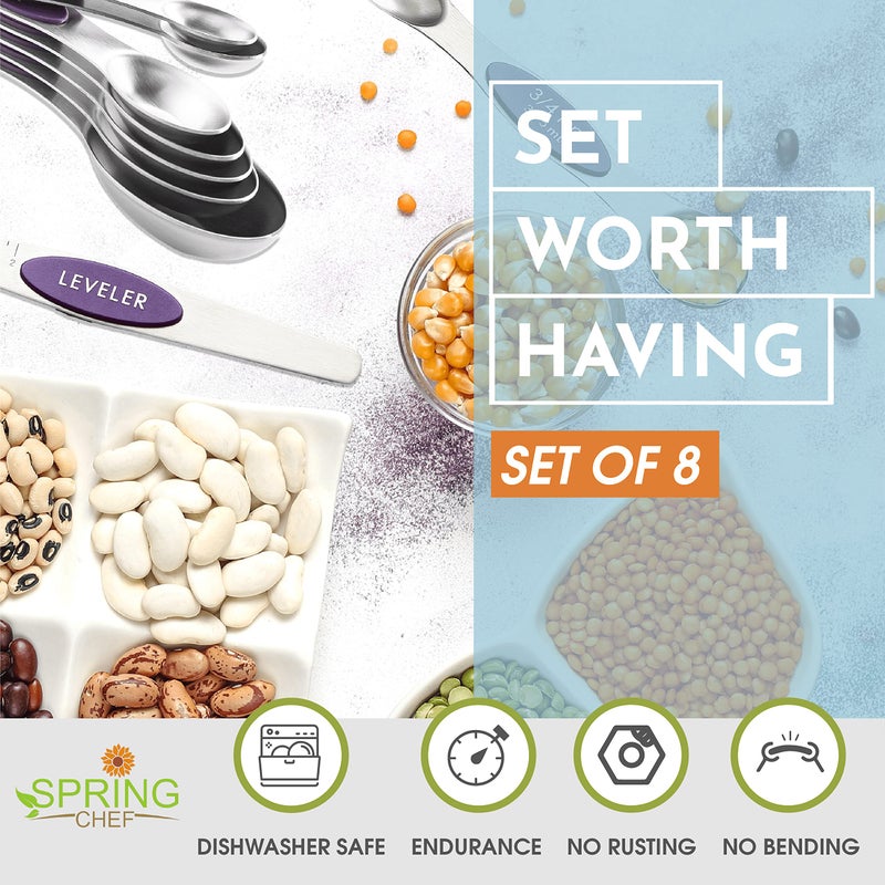 Spring Chef Purple Stainless Steel Magnetic Measuring Spoons Set of 8 with Leveler, Dual Sided Metal Teaspoon & Tablespoon Measuring Spoons, Kitchen Gadgets for Baking & Cooking, Fits in Spice Jars - Image 3