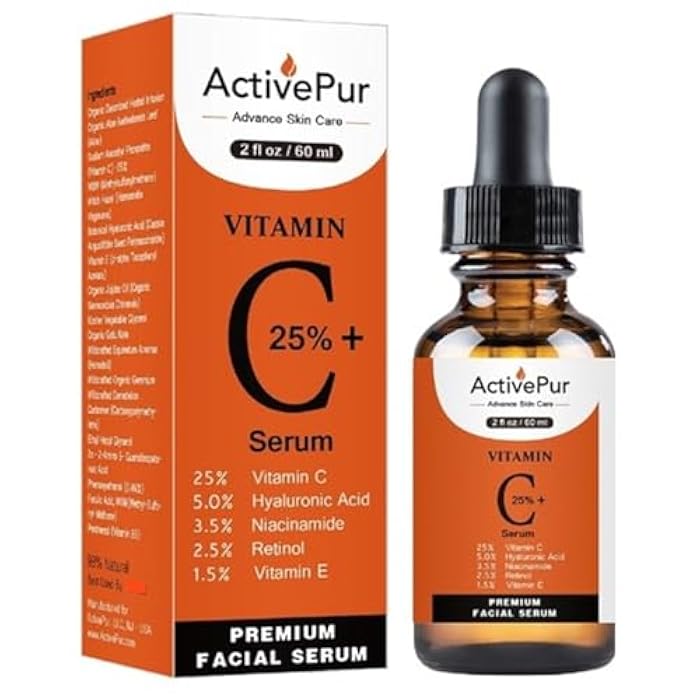 ActivePur 25% Best Vitamin C Serum for Face (2 Oz/60 ml) Vitamin E+B5 Hyaluronic Acid Serum Face Retinol Ferulic Acid Niacinamide Collagen Anti Aging Age Spots Eye circles Vitamin C face Serum - Image 1