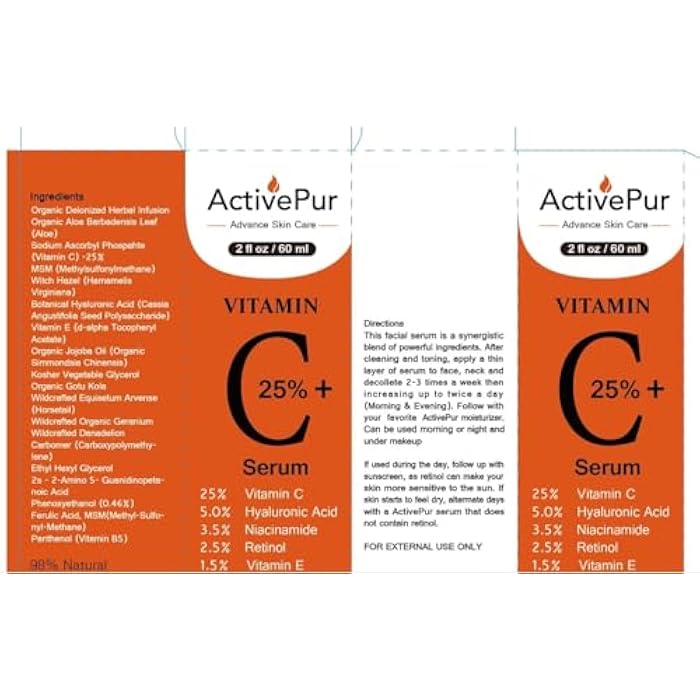 ActivePur 25% Best Vitamin C Serum for Face (2 Oz/60 ml) Vitamin E+B5 Hyaluronic Acid Serum Face Retinol Ferulic Acid Niacinamide Collagen Anti Aging Age Spots Eye circles Vitamin C face Serum - Image 5
