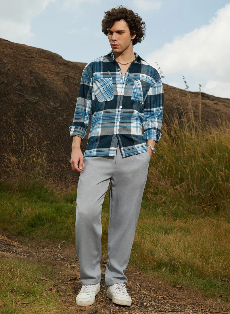 Campus Sutra Men's Prussian Blue Tartan Utility Shacket
