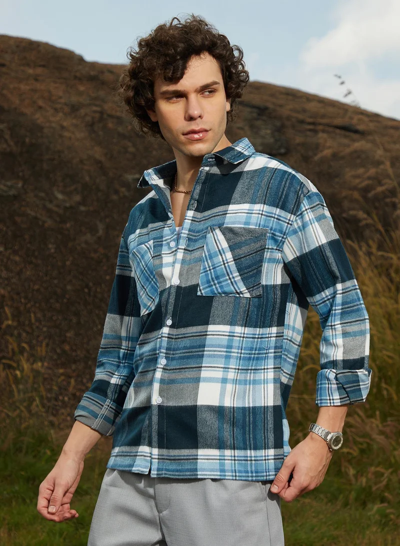 Campus Sutra Men's Prussian Blue Tartan Utility Shacket