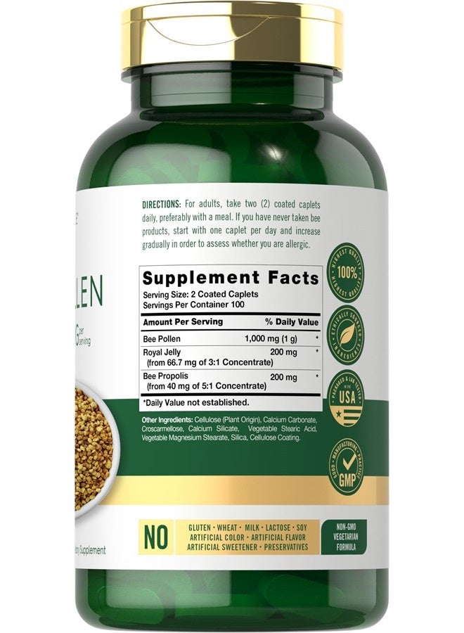 Carlyle مكمل حبوب لقاح النحل 1000 ملغ | 200 قرص | مع هلام ملكي وبروبوليس النحل | نباتي، غير معدل وراثيًا، خالي من الغلوتين - Image 2