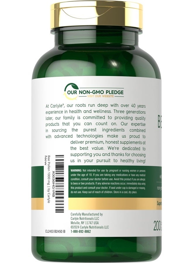 Carlyle مكمل حبوب لقاح النحل 1000 ملغ | 200 قرص | مع هلام ملكي وبروبوليس النحل | نباتي، غير معدل وراثيًا، خالي من الغلوتين - Image 3