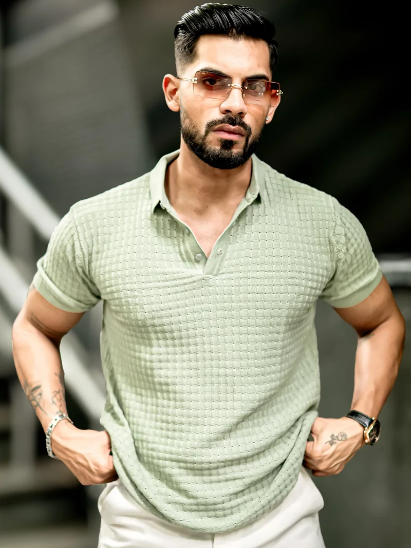 مانياك تيشيرت مانياك رجالي قطن بيرلي جرين كاروهات بقصة ضيقة