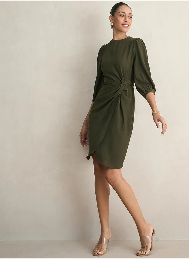 Femmella Knot Detail Wrap Front Knee Length Dress by Styli