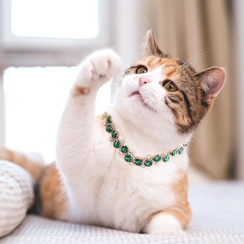 HOWWFALY Dog Cat Rhinestone Collars with Paw Crystal Diamonds Gold Collars Necklace Adjustable Collar Dog Chain Cat Diamonds Princess Pet Collar (Green, L) - Image 5