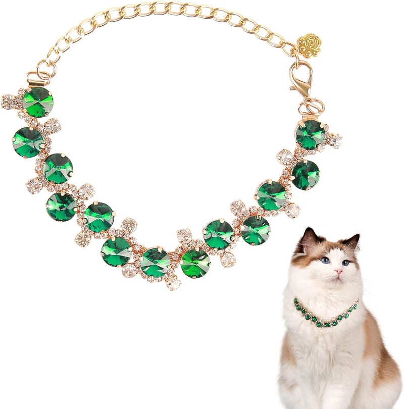HOWWFALY Dog Cat Rhinestone Collars with Paw Crystal Diamonds Gold Collars Necklace Adjustable Collar Dog Chain Cat Diamonds Princess Pet Collar (Green, L) - Image 1