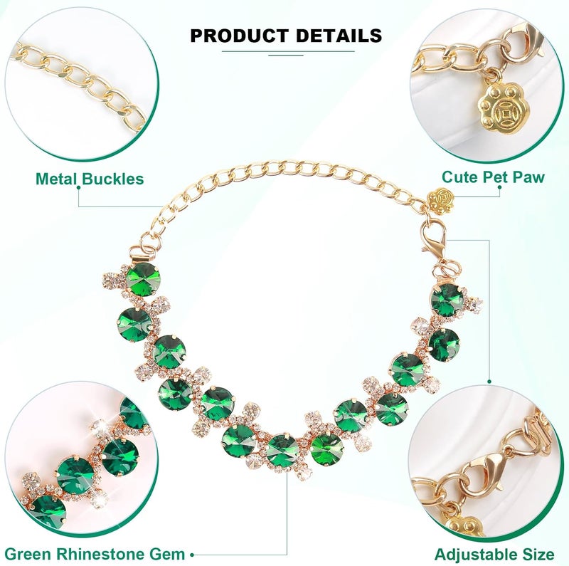 HOWWFALY Dog Cat Rhinestone Collars with Paw Crystal Diamonds Gold Collars Necklace Adjustable Collar Dog Chain Cat Diamonds Princess Pet Collar (Green, L) - Image 3