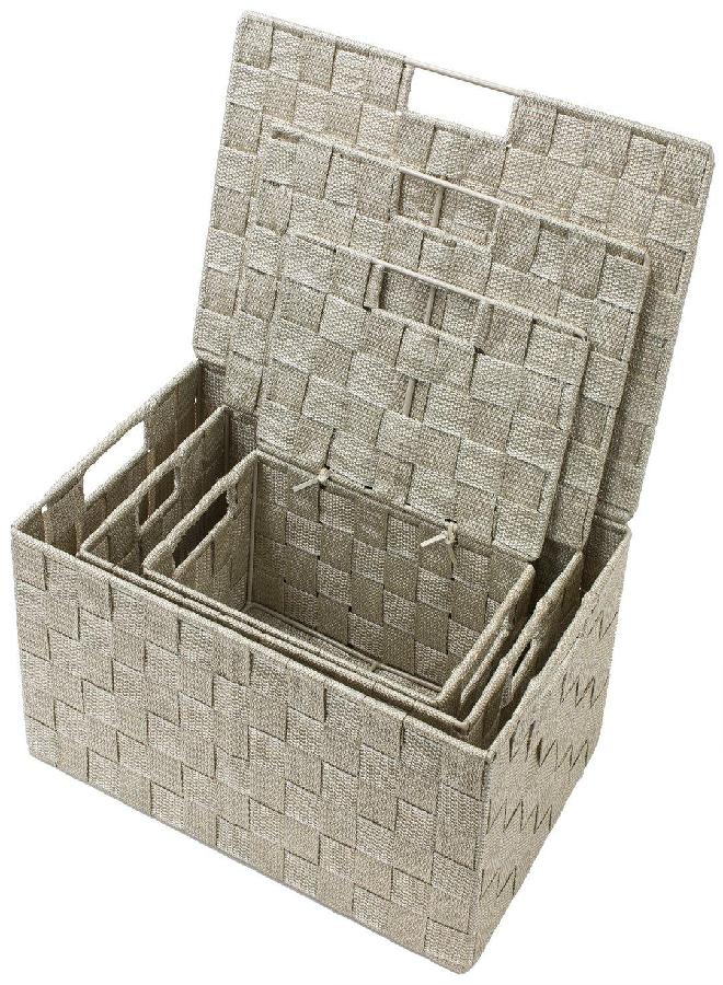 Sorbus Sorbus Storage Box Woven Basket Bin Container Tote Cube Organizer Set Stackable Storage Basket Woven Strap Shelf Organizer Built-In Carry Handles (Lid Bins - 3 Pack, Beige)  - Image 2